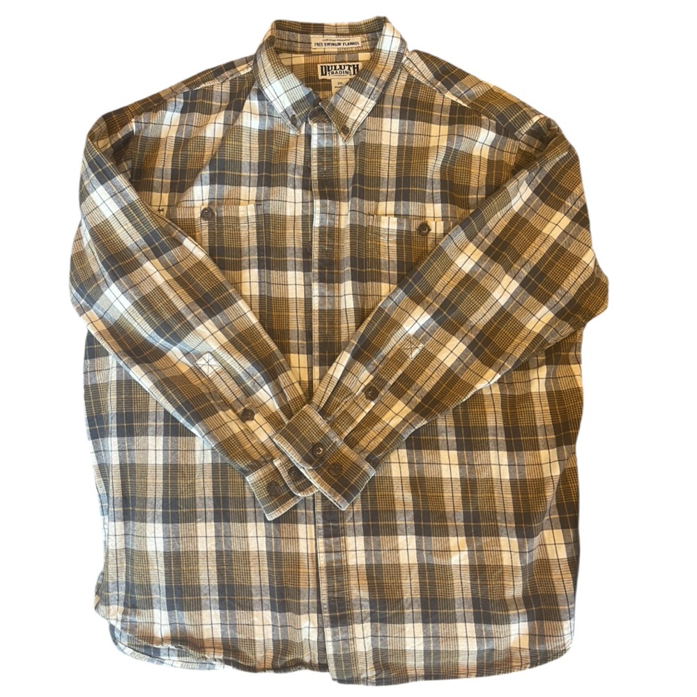 Duluth Trading Co Men's Plaid Shirt - Grey, Yellow and Cream